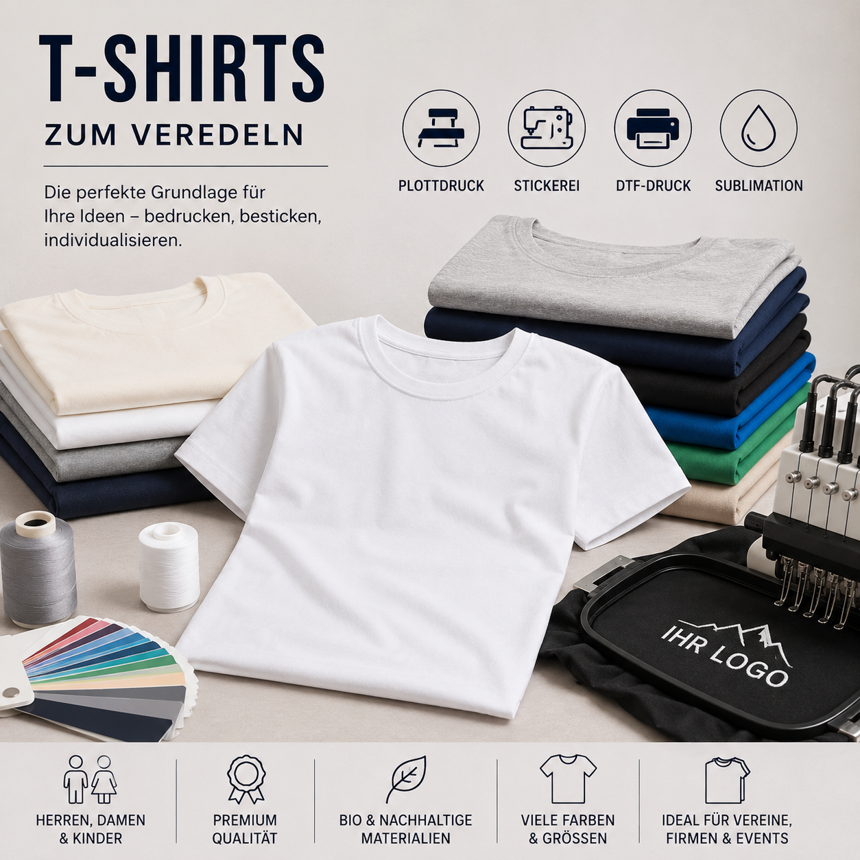 Unsere Textilien eignen sich perfekt für Plottdruck, Stickerei, DTF-Druck und Sublimation